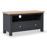 A charcoal grey wooden television stand with a contrasting natural wood top has two drawers, a shelf, and is depicted against a white background.