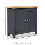 A gray cabinet with a wooden top features double doors and silver knobs, standing against a white background. Dimensions: 75cm high, 75cm wide, 33.5cm deep. Text: "Image for size information only."