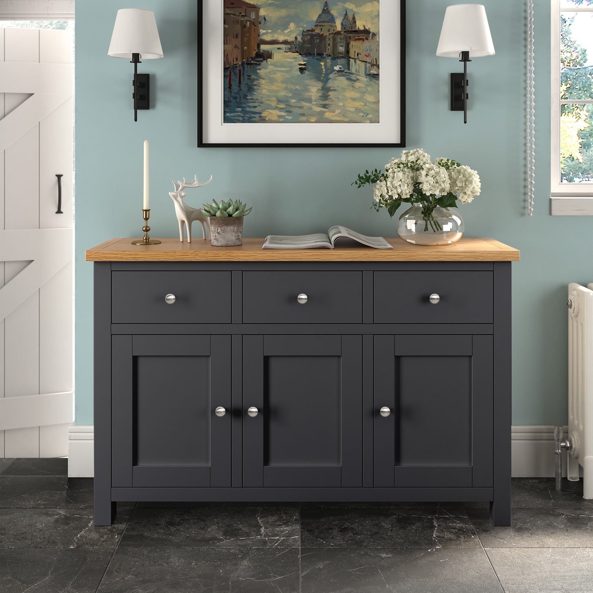 Dark grey deals and oak sideboard