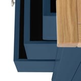 A close-up on the edge of a blue object with a wooden section, likely furniture, details unclear due to the cropped view.