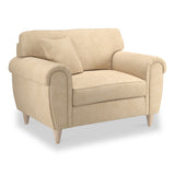 A beige, single-seat fabric sofa with a cushion on a plain white background.