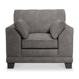 A grey fabric loveseat with cushions, standing stationary, isolated against a white background.