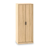 A tall wooden wardrobe with closed double doors and a single black handle, isolated on a white background.