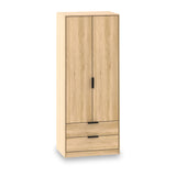 A wooden wardrobe stands against a plain white background; it features two doors above and two drawers below with simple black handles.