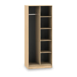 A tall wooden bookshelf with empty shelves stands against a white background.