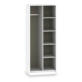 A tall white shelving unit with five shelves against a white background, standing empty.