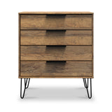 Moreno Rustic Oak Wooden 4 Drawer Chest with Black Hairpin Legs from Roseland Furniture