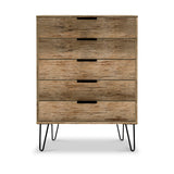 Moreno Rustic Oak 5 Drawer Chest with Black Hairpin Legs from Roseland Furniture