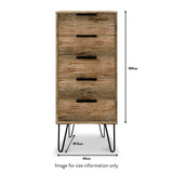 Morena Rustic Oak Effect 5 Drawer Tallboy Chest with Black Hairpin Legs size guide