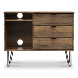 Moreno Rustic Oak 3 Drawer Tv Unit with Black Hairpin Legs from Roseland Furniture