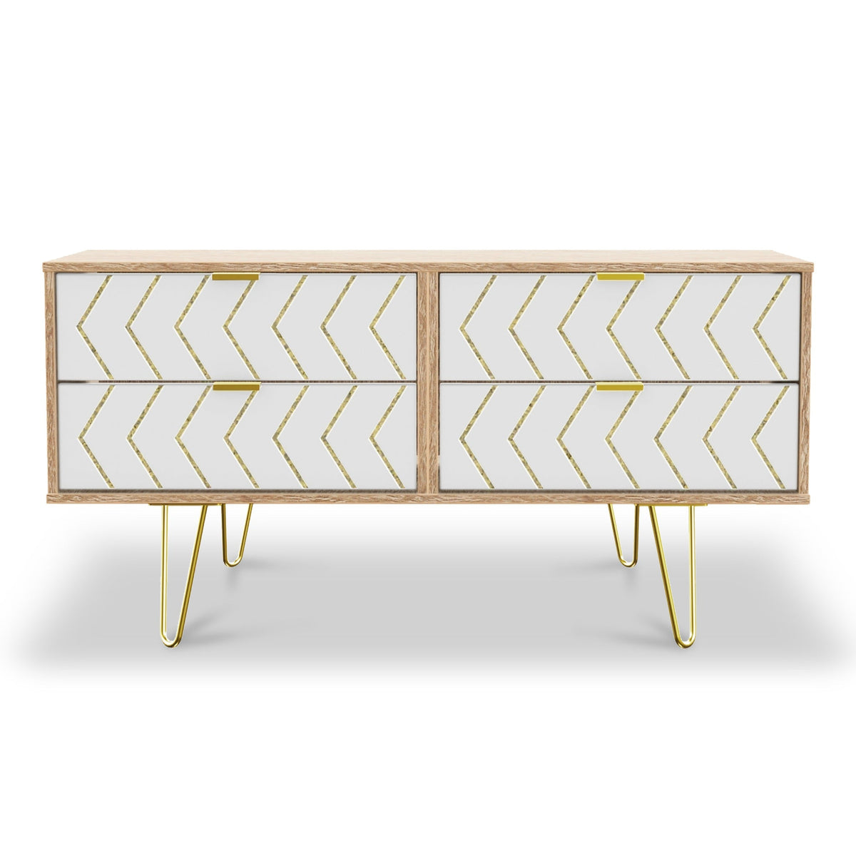 Mila White with Gold Hairpin Legs 4 Drawer Low Storage Unit from Roseland