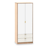 A tall wooden wardrobe with a chevron pattern on the lower doors and a brass knob, against a white background.