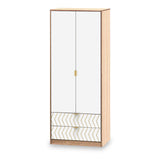 A wooden wardrobe with mirrored doors and a patterned drawer stands isolated against a white background.