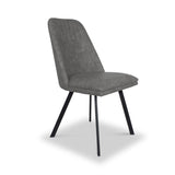 A modern grey dining chair with vertical stitching on the backrest, standing against a plain white background.