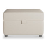 A beige upholstered ottoman with a storage compartment, featuring a simple loop handle on the front and short dark legs, isolated against a white background.