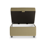 Olive green storage bench with open lid against a white background. Its interior is white, and it stands on short, round legs.