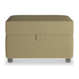 An olive green fabric ottoman stands against a white background, featuring a simple design with short legs and a hinged lid for storage.