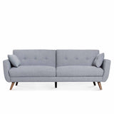 A grey mid-century modern sofa with button-tufted backrest, angled wooden legs, and two cylindrical side cushions, isolated against a white background.