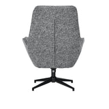 A modern office chair with a gray fabric upholstery stands stationary against a white background.