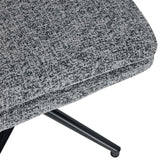 A gray fabric upholstered seat cushion atop black metal legs, featured in a close-up partial view, against a white background.