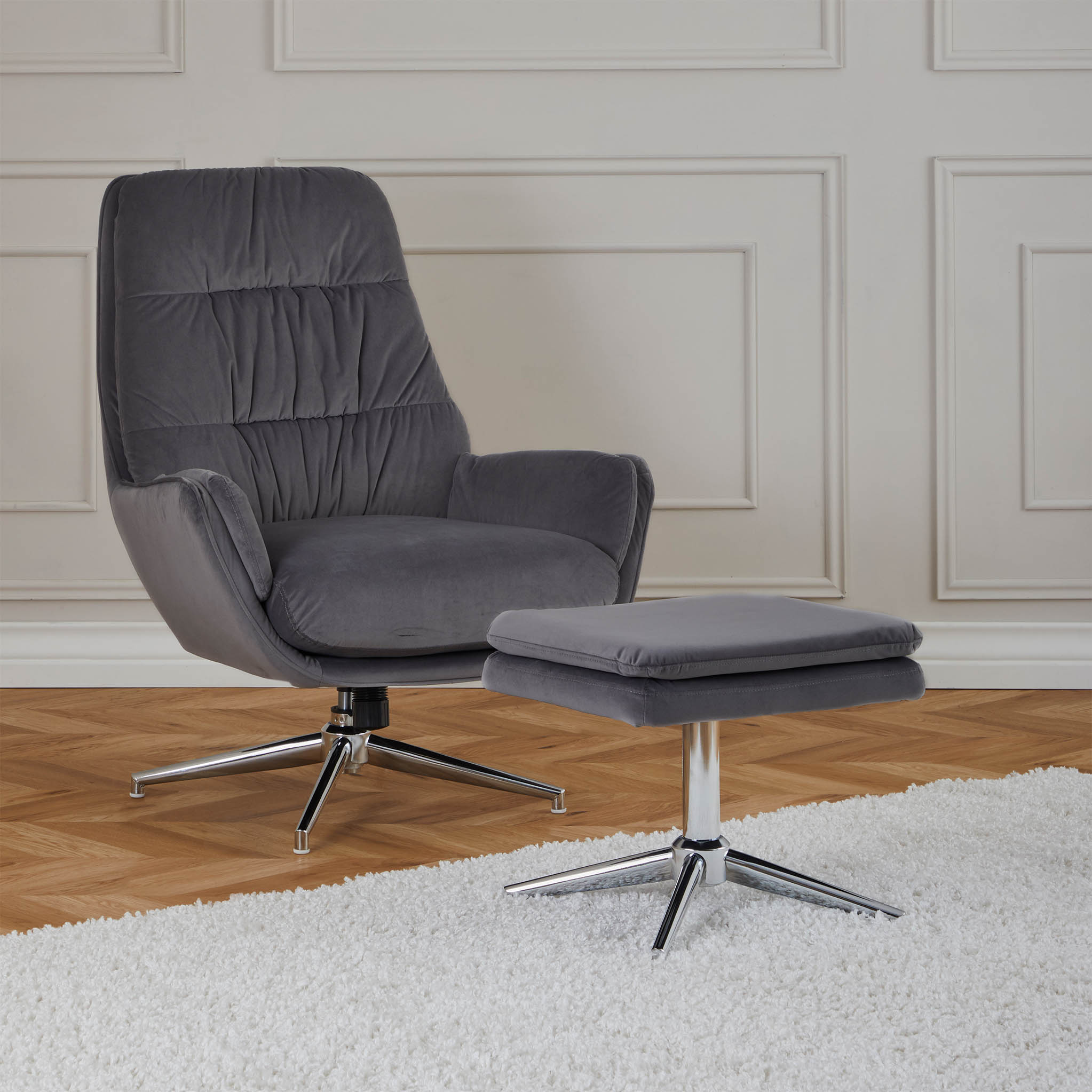 Grey velvet deals armchair and footstool