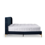 A navy blue upholstered bed with a tufted headboard and a white mattress on a simple white background. No action or text is present.