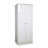 A white two-door wardrobe stands closed against an isolated background, with silver handles on the doors.