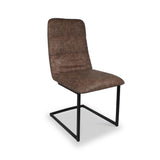 A modern brown chair with a slender black metal frame, displayed against a white background.