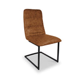 A brown upholstered chair stands stationary with a straight back and a black metal frame on a white background.