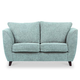 A light gray, two-cushion loveseat with rounded arms and dark tapered legs, isolated against a white background.