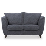 A grey fabric loveseat with plush cushions and rounded armrests, on a plain white background.