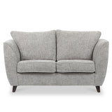 A grey two-seater couch with curved armrests and two cushions, set against a white background.