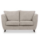 A neutral-colored fabric loveseat with plush cushions and dark angled wooden legs, isolated against a white background.