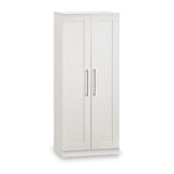 A white wardrobe with closed doors and metallic handles stands against a plain white background.