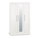 A white wardrobe with three doors, the central one featuring a mirrored front, stands against a plain background.