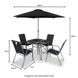 A patio set with four chairs and a table under an umbrella, annotated with dimensions. Text reads: "Image for size information only."