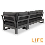 A modern outdoor sofa with dark gray cushions and a geometric black frame, isolated on a white background. Logo "LIFE Outdoor Living" in orange and gray.