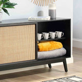 Venti Black Mango Wood & Cane Large Sideboard Cabinet with 2 Sliding Doors close up