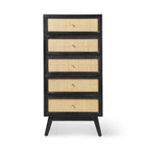 A black five-drawer dresser stands upright against a white background. The drawers feature light-colored woven fronts with central knobs.