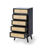 A black five-drawer chest with wicker front panels and round knobs, standing on angled legs, isolated on a white background.