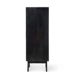 A tall, dark-colored wooden cabinet stands vertically on four legs against a white background.