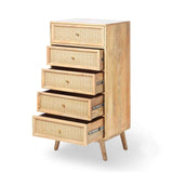 A wooden five-drawer chest with wicker fronts, slightly open drawers revealing metal tracks, all on angled legs against a white background.