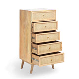 A wooden chest of drawers with four partially open, rattan-fronted drawers, isolated against a white background.