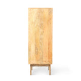 A wooden board stands vertically on a simple stand against a white background.