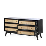 Venti Scandi Mango Wood & Cane Wide Chest of Drawers