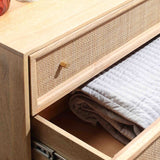 Venti Natural Mango Wood & Cane Compact 3 Drawer Chest close up