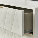 A white textured drawer partially open, revealing a grey fabric interior with an object inside, set against a white blurred background.